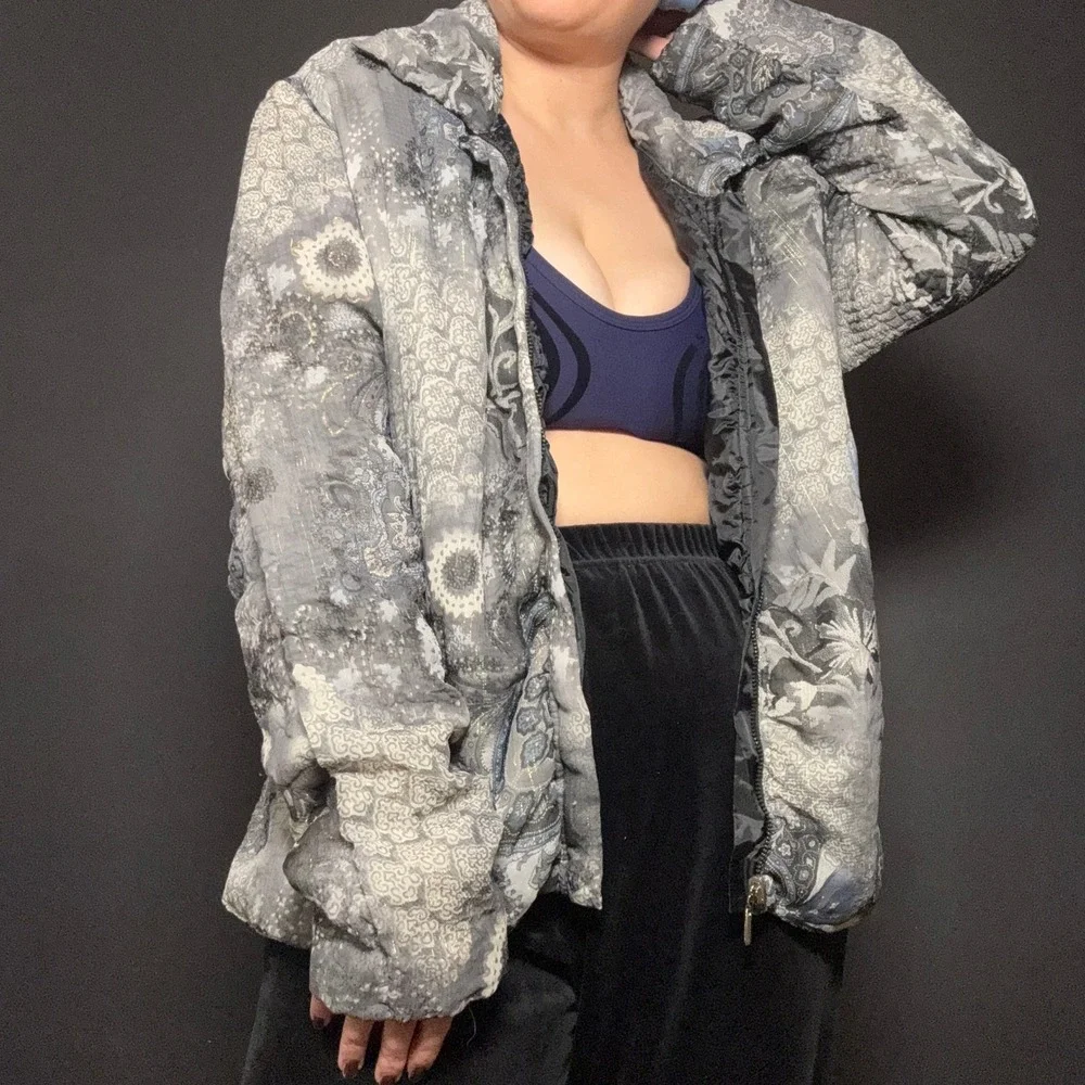 Vtg Y2K UbU Reversible Paisley Zip Jacket Metallic Floral Abstract Retro Silvr L